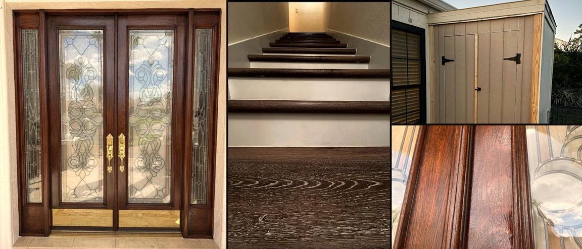 Collage of real Grand Hawk LLC projects: restored double entry doors with decorative glass and brass hardware, a staircase renovated with dark luxury vinyl treads, new outdoor storage doors, and a close-up of rich restored wood grain